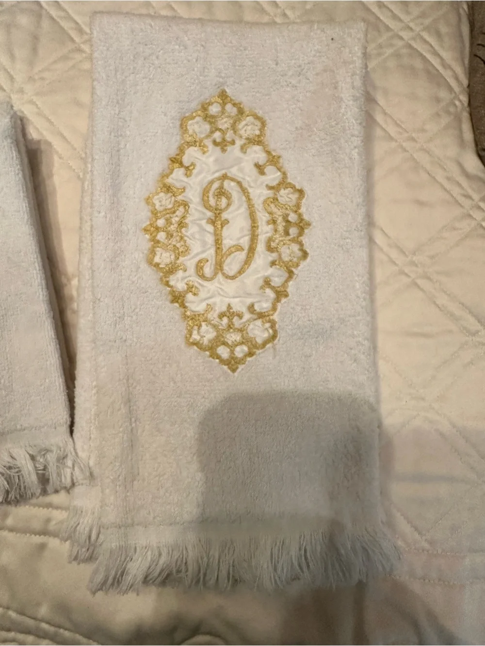 4 Luxury White Guest (2) and Hand (2) Towels with Gold Embroidered Medallion